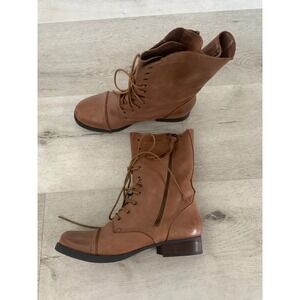 Aldo Brown Leather Lace Up Combat Boots Side Zip Cap Toe Women 8.5